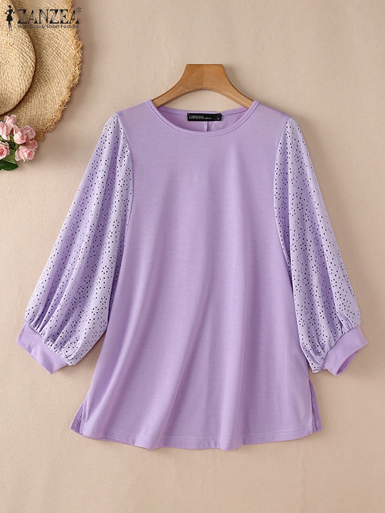 Damska elegancka koronkowa patchworkowa bluzka ZANZEA wiosenna latarnia rękaw koszula do pracy moda Casual wakacyjne topy tunika Femme luźne Blusas