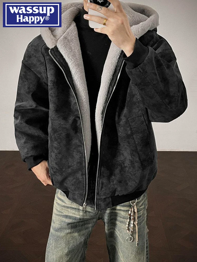 

Wassup Happy Men's Fce Lined Hooded Leather Jaet Cotton Coat Warmth Autumn Winter Faionable Youth Casual Outerwear