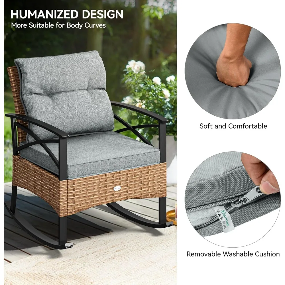 طقم بيسترو كرسي هزاز خارجي مكون من 3 قطع من YITAHOME، طقم كرسي هزاز للفناء مع طاولة قهوة زجاجية ونحيفة #4