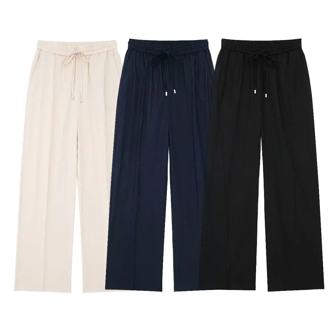 

Women 2024 New Chic Fashion Side Pockets flax Loose Wide Leg Pants Vintage High Elastic Waist Drawstringtrousers Female