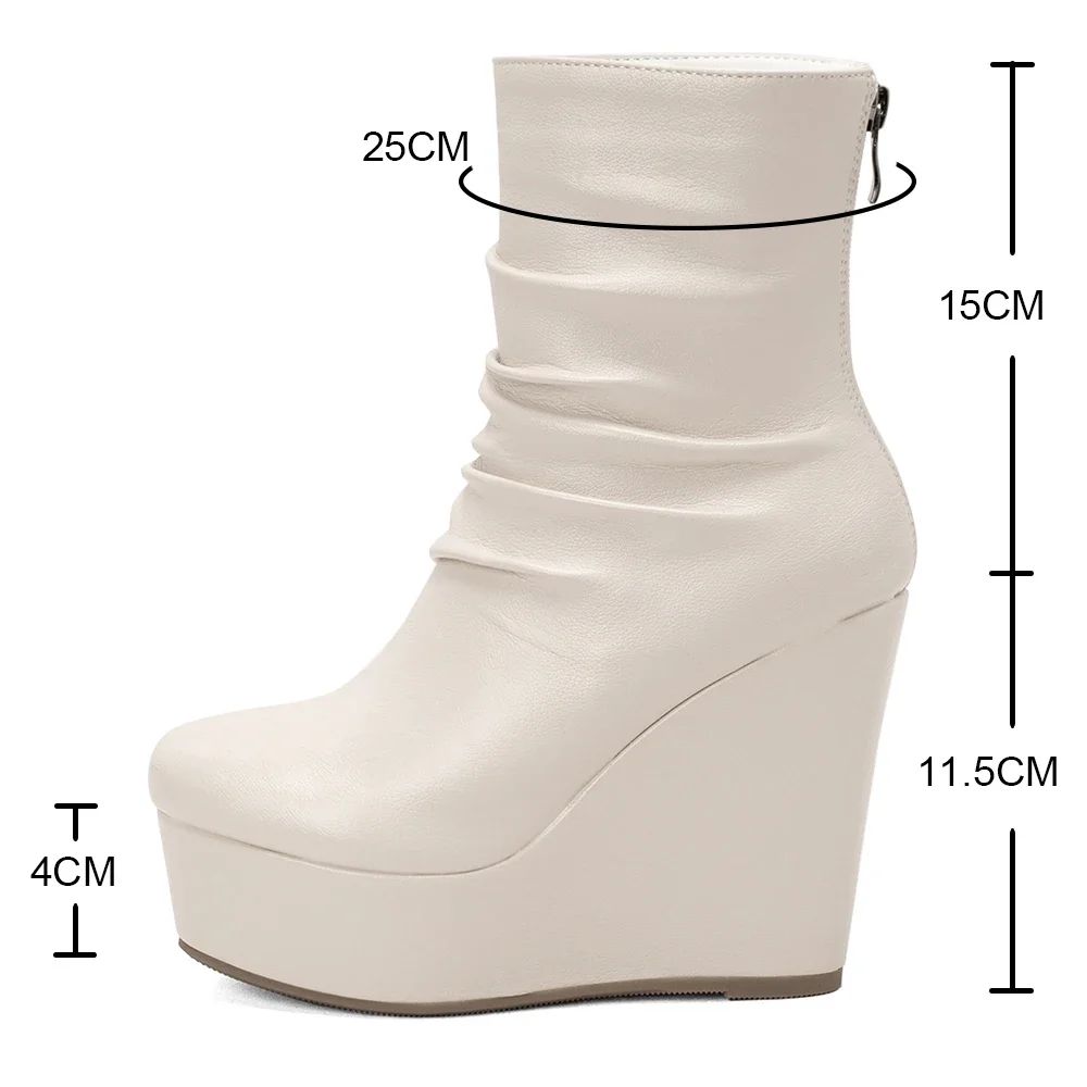 Platform Wedges Ankle Boots Women Fashion PU Leather Women\'s Round Toe Boottes Sexy High Heels Pleated Thick Sole Shoes Female