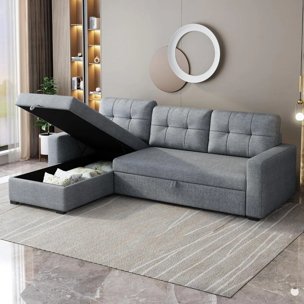 

81.5" Living Room Sofas with 3 Back Cushions, Storage Chaise & Pull, Reversible Sleeper, L-Shape Upholstered Convertible Sofas