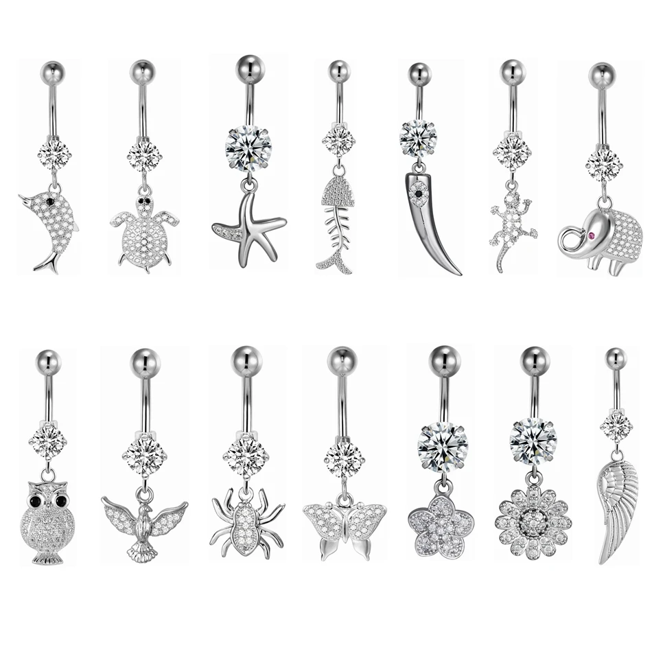 14G Titanium Barbell Belly Button Rings Silver Color CZ Crystal Dangle Navel Piercing Women Body Jewelry Sea Beach Accessories