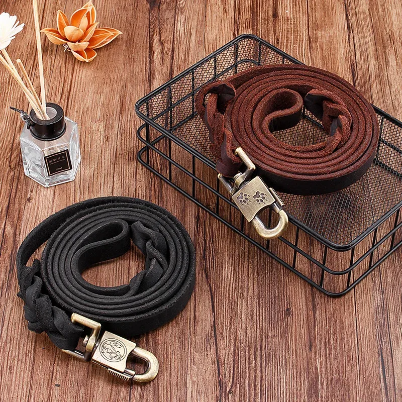 Genuine Leather Dog Leash - Top Grain Cowhide Training Lead with Heavy Duty Clip, Handcrafted Pet Leash for Medium Large Dogs view 2