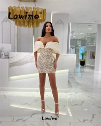 Lowime Beige Pearls Beaded Short Party Dress Women Mini Cocktail Dresses Off The Shoulder Evening Gowns Aso Ebi Prom Dresses