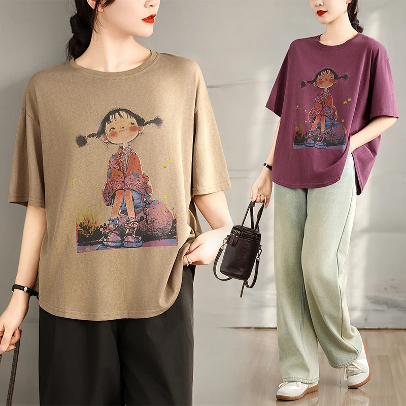 

Cartoon Pattern plus Size Girl Print Pure Cotton ort Sve T-irt Loose Casual Versatile Age Reduction Slimming Top