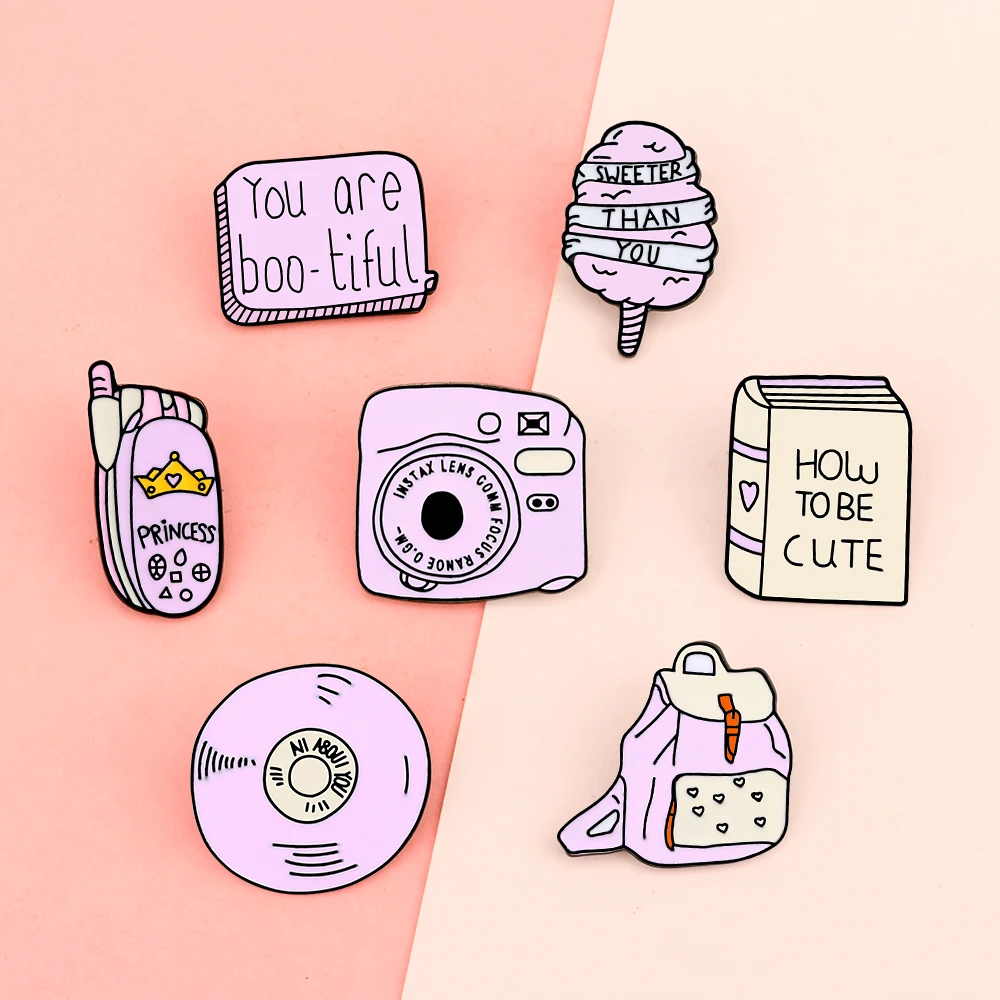 Pink Enamel Badge Lapel Pin Brooches Cute Flip Phone Book CD Candy Floss Camera Backpack Pins Decoration for Girls Jewelry Gifts