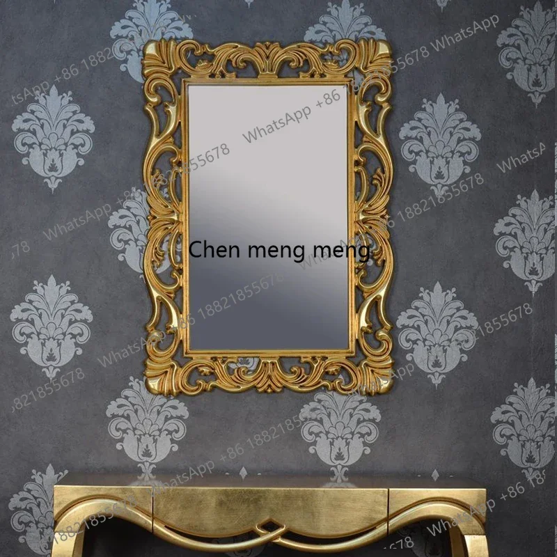 European bathroom mirror wooden carved retro vanity mirror bathroom wall-mounted makeup decorative mirror