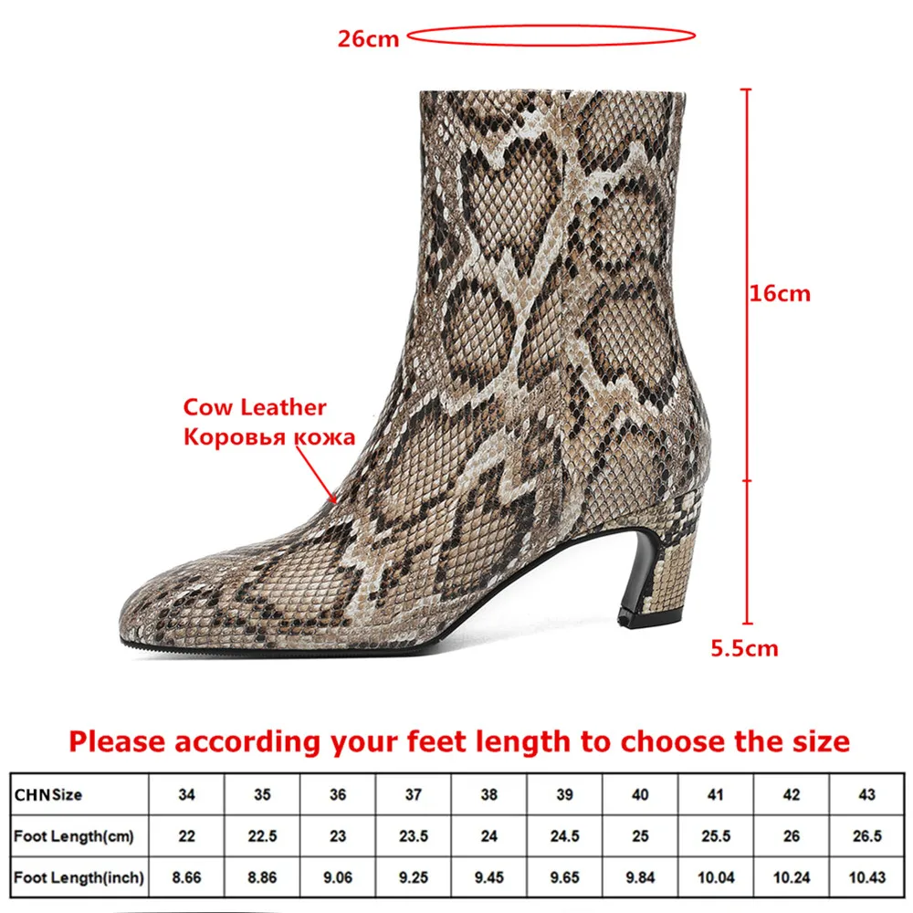 MILI-MIYA Women's Snake-Print Cowhide Ankle Boots Round Toe, Chunky Heel Two-Tone Colourway Extra Large Sizes 34-42 Handmade