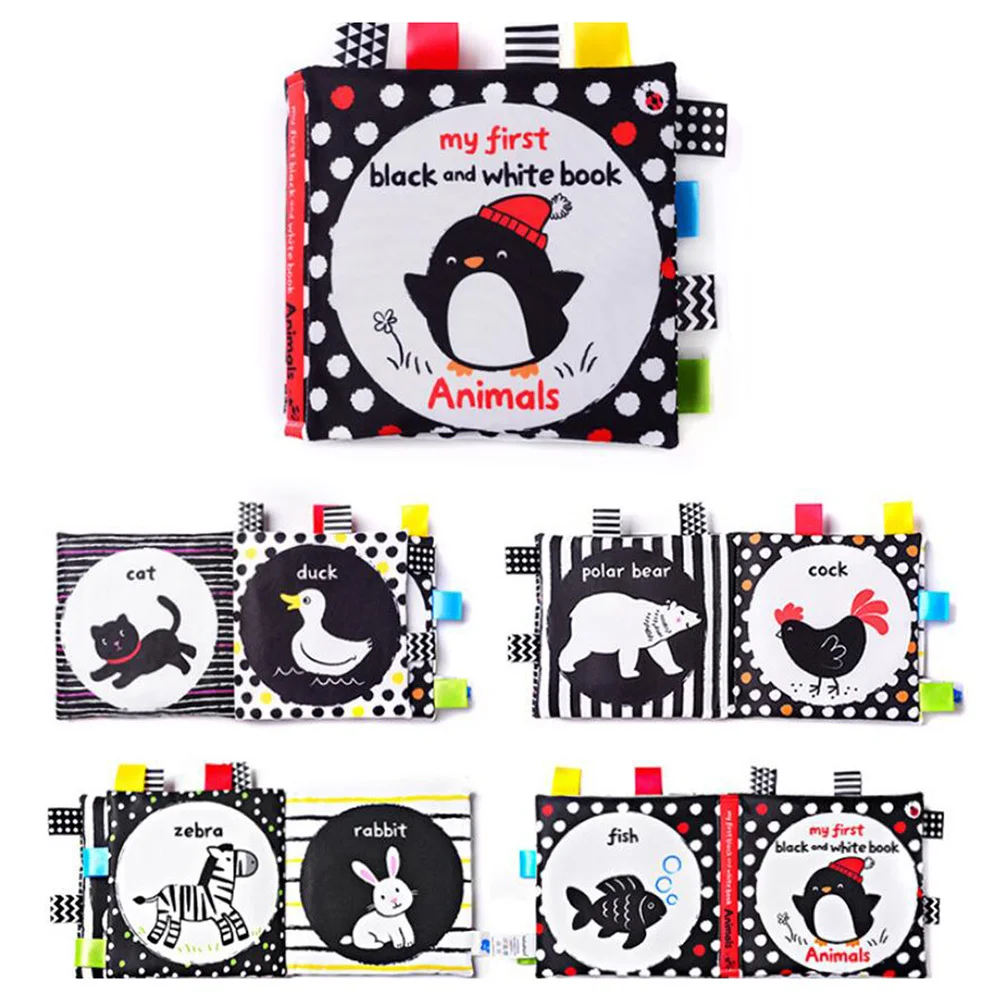 1 szt. Czarno-biała książeczka materiałowa dla niemowląt, wczesna edukacja, książeczka do trzymania w ręce, stymulacja wizualna, trening poznawczy, gryzak dla niemowląt