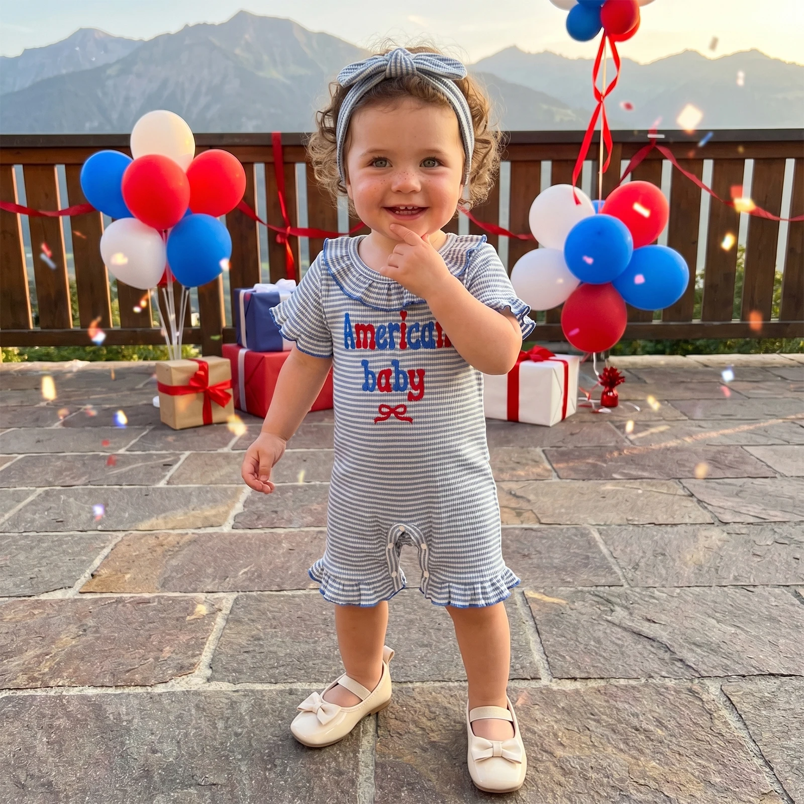 Baby Girls 4th of July Outfits Adorable American Flag Embroidery Short Sleeve Round Neck Romper and Headband Set