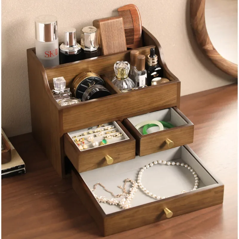 Black Walnut Makeup Organizer, Exquisite Jewelry Box, Multi-Compartment Drawer, Storage Box, Plush Inner Cases, High End