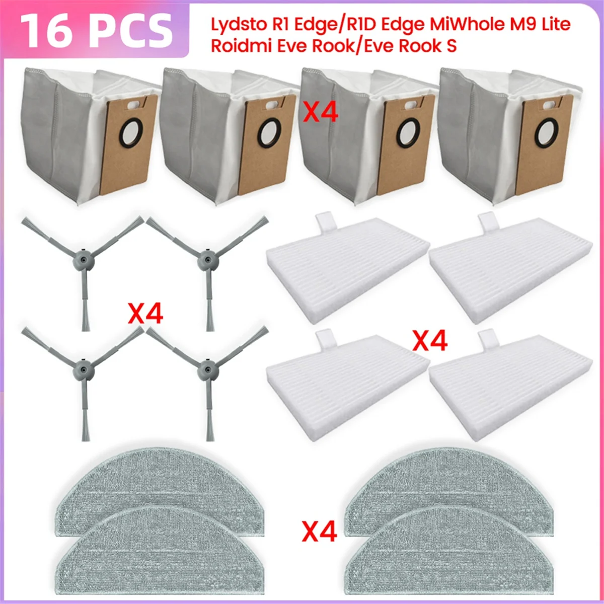 

A17F-For Lydsto R1 Edge/R1D Edge, MiWhole M9 Lite, Roidmi Eve Rook/Eve Rook S Parts Dust Bag Hepa Filter Dust Bag Side Brush