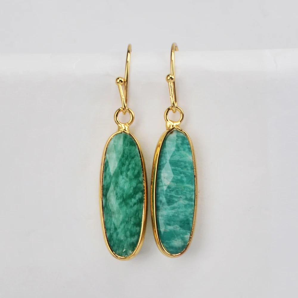 BOROSA Unique Long Teardrop Golden Plated Amazonite Faceted Dangle Earrings Natural Green Stone Drop Earring Jewelry Accessories