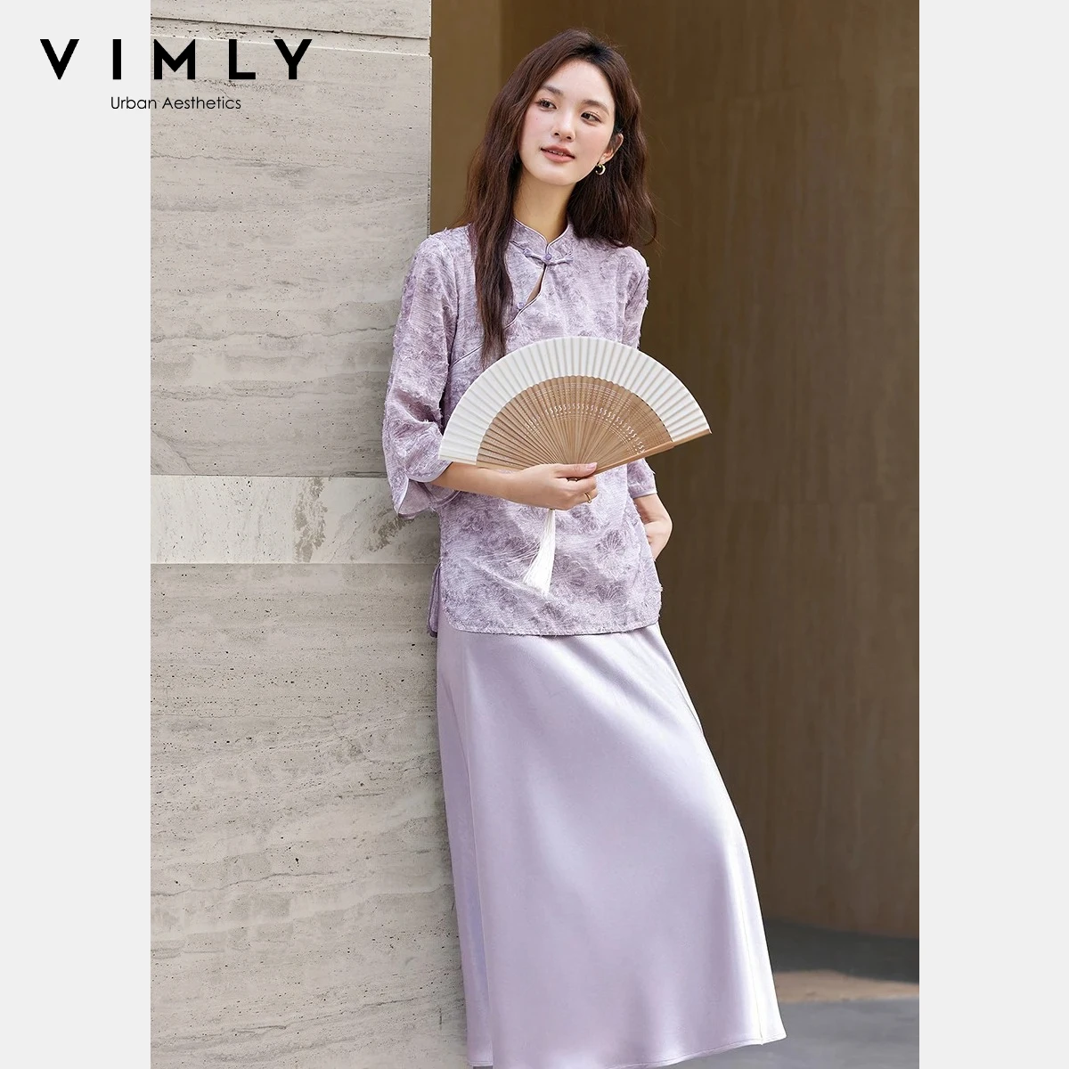 

VIMLY Chinese Style Skirt Sets for Woman 2025 Autumn Frog Buttons Jacquard Stand-Collar Tops Midi Skirts Two Piece Set A2816