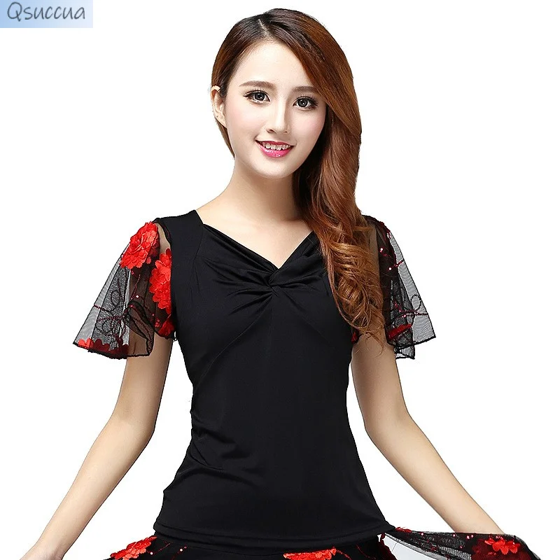 National Standard Dance Modern Dance Trumpet Sleeve Blouse Short-Sleeved Practice Latin Dance Competition Performance