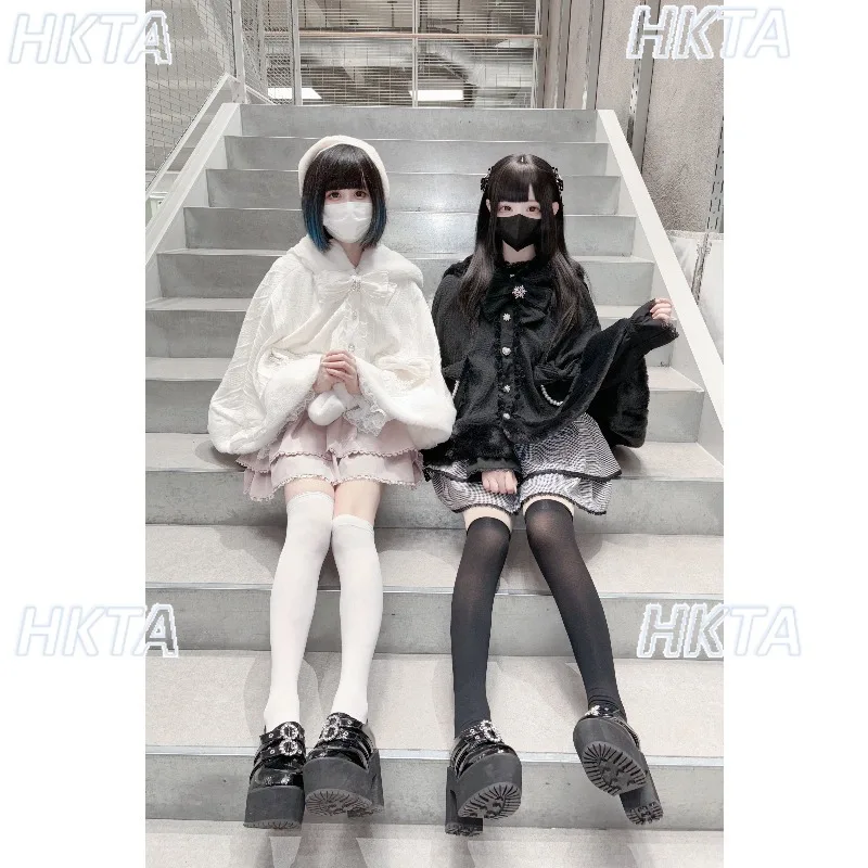 Original Design Japanese Cape Jacket Warm Velvet Rabbit Ears Sweet Lolita Shawl Bow Pearl Autumn Winter New Dark Y2k Capes Coat