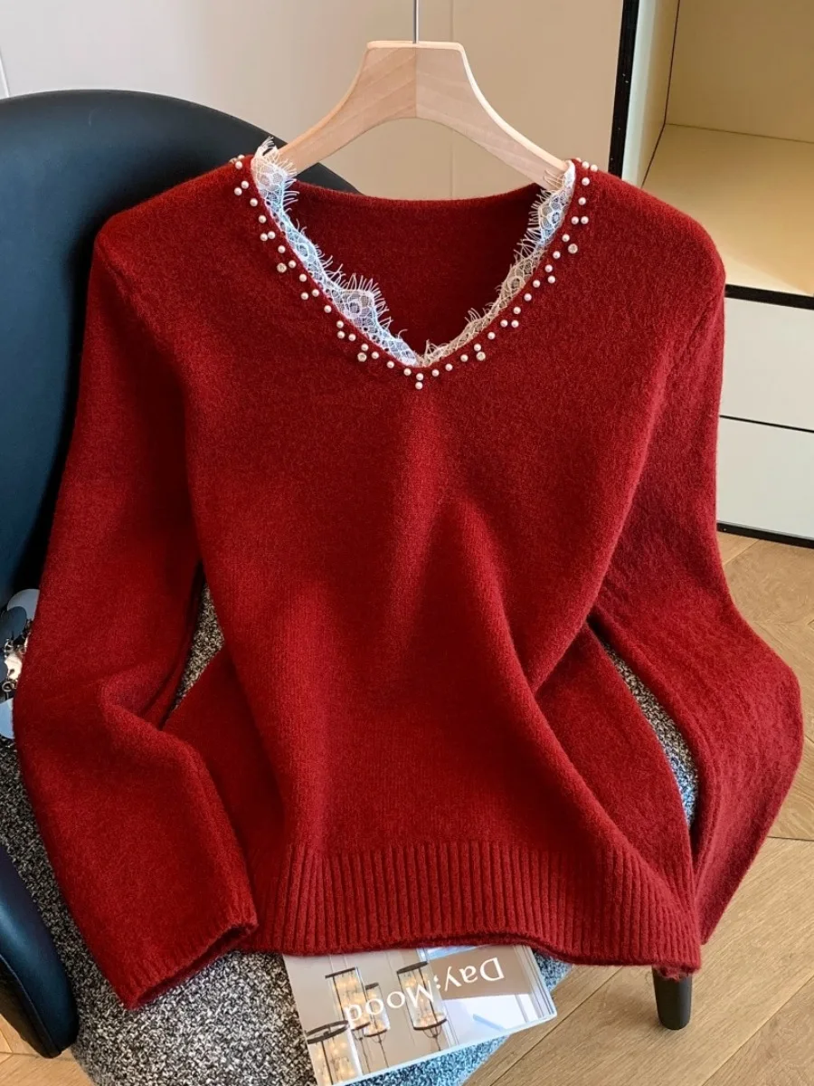 

Женский вязаный топ Heavy Embellied Long Sve V-Ne Self-Kee Sle, корейская версия, облегающий дизайн, осенний топ...