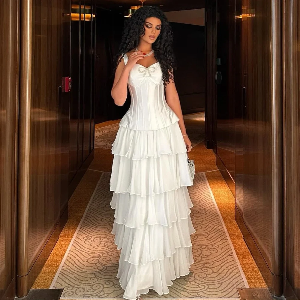 

Customized High Quality Fashion Chiffon Tiered Rhinestone Bow Straight Spaghetti strap Long Dresses Bespoke Occasion Dresses
