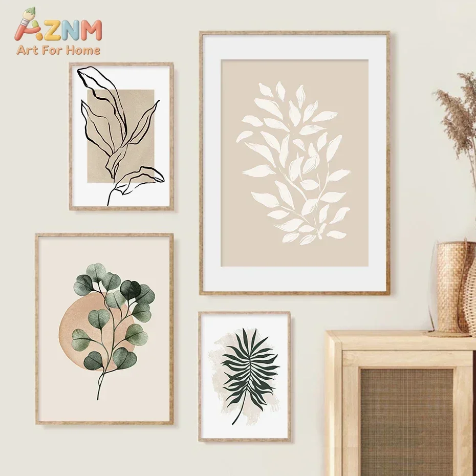 AZNM Arte de pared con hojas botánicas minimalistas estilo bohemio, impresión en lienzo de hojas de palma de eucalipto en beige neutro, dibujo lineal moderno de mediados de siglo W