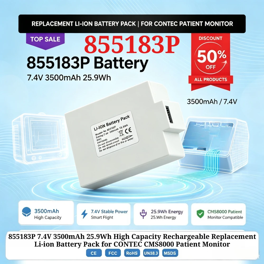 855183P 7.4V 3500mAh 25.9Wh High Capacity Rechargeable Replacement Li-ion Battery Pack for CONTEC CMS8000 Patient Monitor