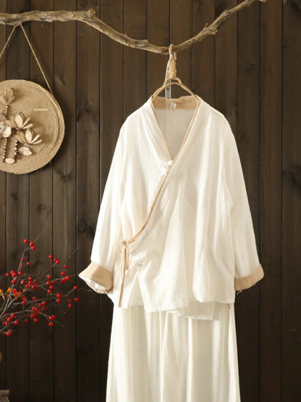 V넥 롱 슬리브 코튼 린넨 여성 플러스 사이즈 레트로 슬레 버튼업 캐주얼 탑 가을 패션 다도 의상...