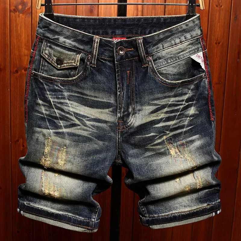 

Five point denim shorts for men, summer American street fashion trend, retro washed nostalgic mid pants