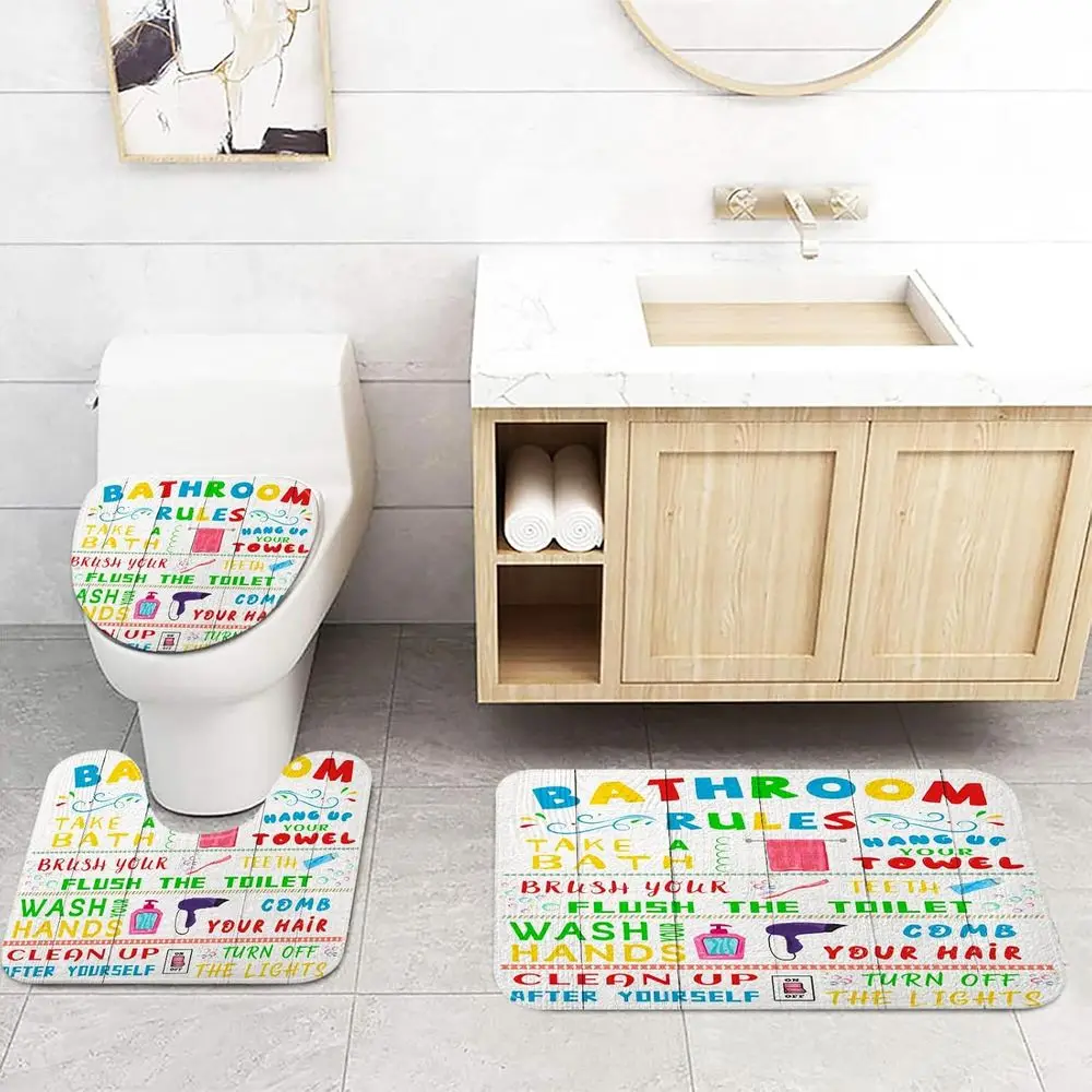 4-Piece Kids Shower Curtain Set with Fun Bathroom Rugs and Accessories, Colorful Bathroom Rules Lid Cover and Mat, Includes 12 H