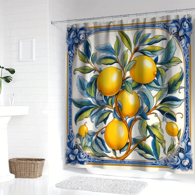 Lemon Branch Print Waterproof Shower Curtain with Hooks - Machine Washable, All-Season Polyester Bathroom Decor by YWJHUI