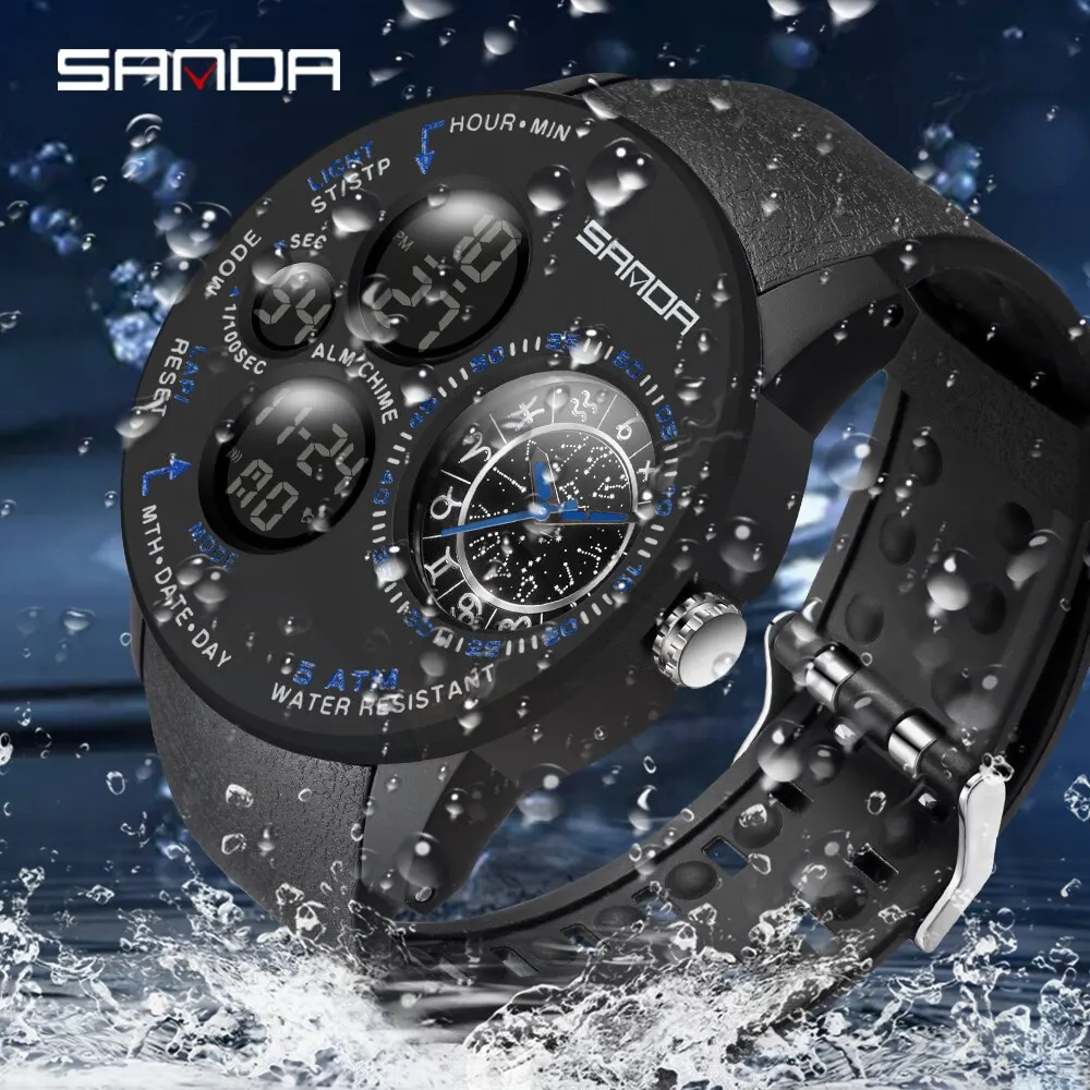 SANDA 2023 Fashion Outdoor Mens Watches Top Brand Military Sports Quartz Watch Dual Display Creative Wristwatch Waterproof Clock