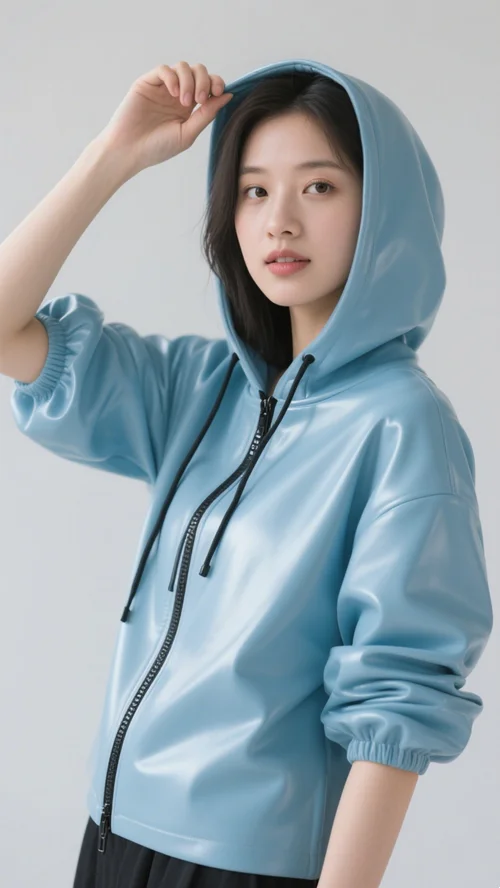 

Latex Rubber Gummi Catsuit Fashion hoodie jacket Sports Top Tight Cosplay Purely handmade baby blue