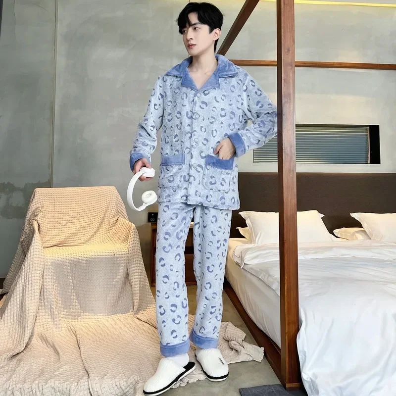 Thickened Flannel Sleepwear Set for Men Autumn Winter Coral Fleece Lined Button Tops Pants Warm Pajama Sets Outdoor Home Clothes