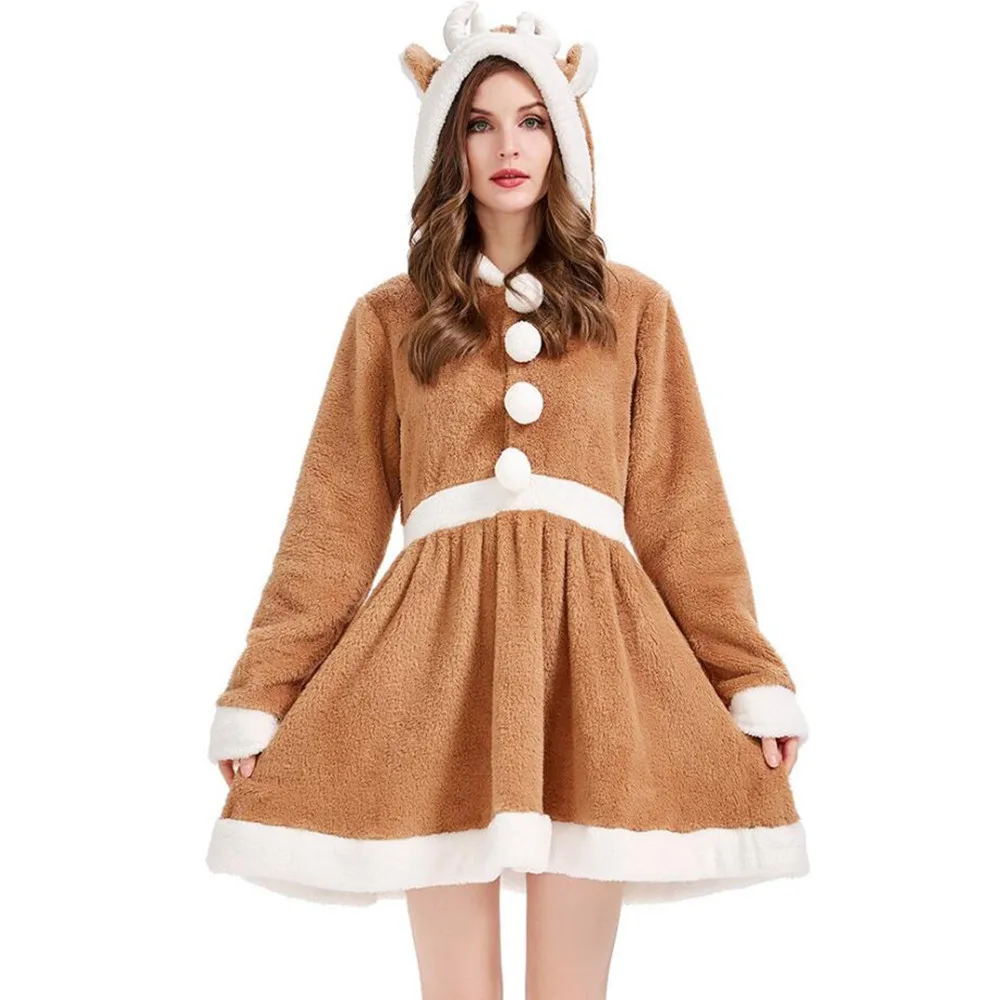 Natal bonito rena elk traje caqui feminino outono trajes de festa de inverno ano novo natal sexy papai noel hoodies vestido