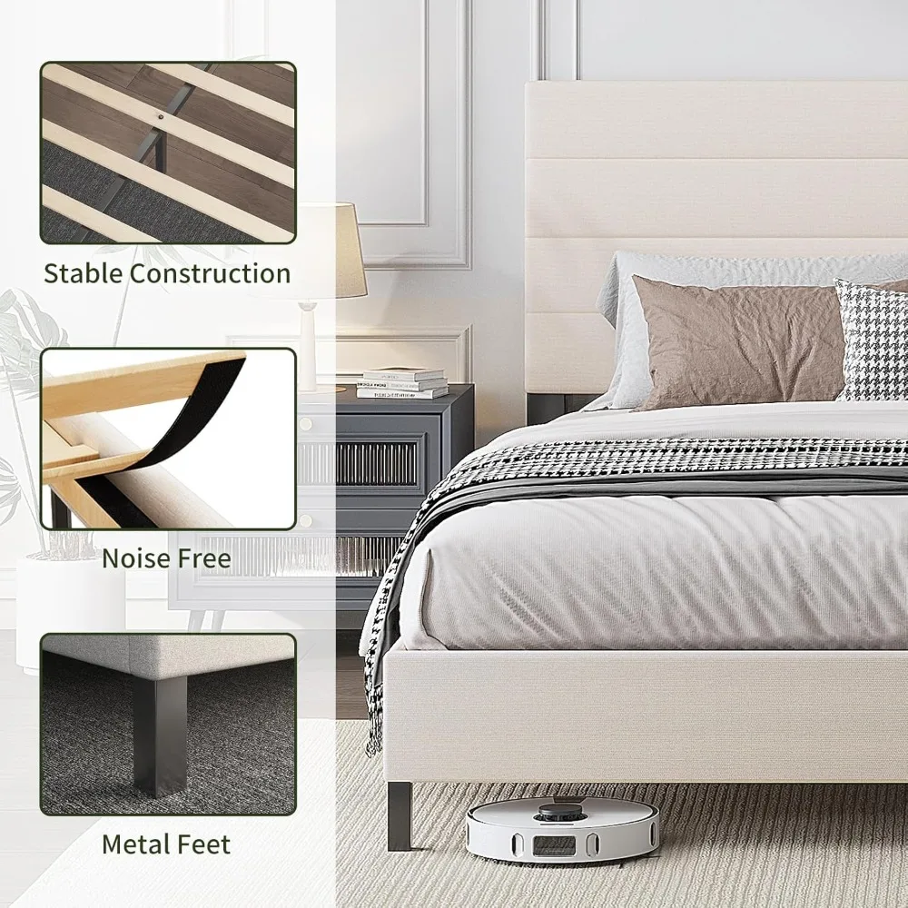إطار سرير بحجم كينج، إطار سرير منجد حديث مع لوح رأسي من الكتان قابل للتعديل، منصة دعم شرائح خشبية، بدون صندوق Sp #5