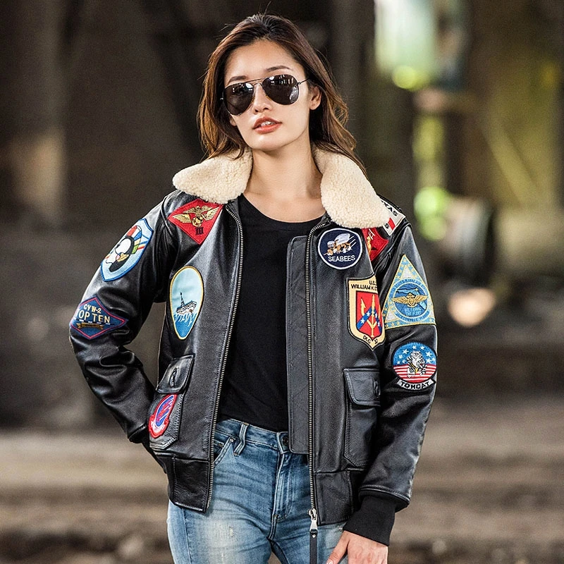 Dark Brown TOP GUN G1 Pilot Leather Jacket Women Military Style Natural Cowhide Winter Aviation Genuine Leather Coats