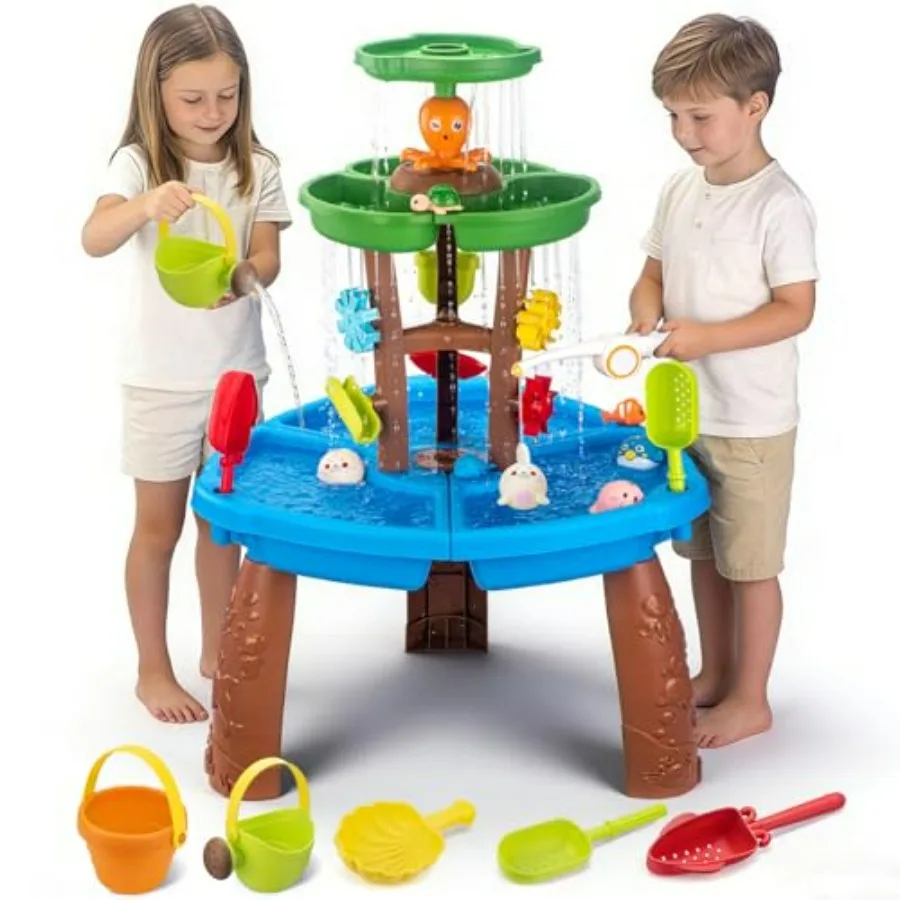 

Outdoor 3-tier water table with fishing game set for toddlers ages 3-10, made of durable plastic, blue and yellow, includes sen