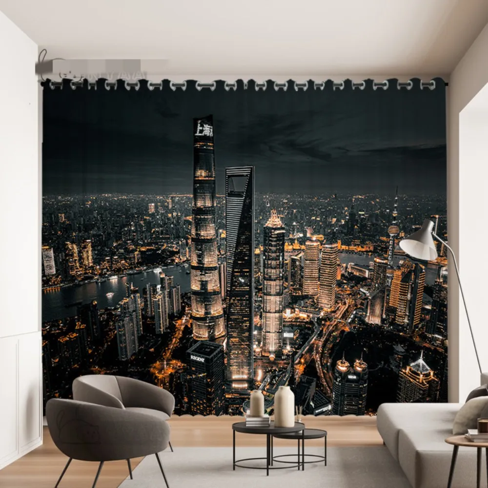 Modern City Night View Printed Curtains for Bedroom Living Room Window 2 panels Grommet Top Rod Pocket Hooks cortinas Big Size