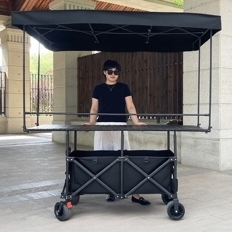 Folding Camping Wagon with Widened 72x167cm Tabletop, Lifting Mobile Stall Cart with Sunshade Awning