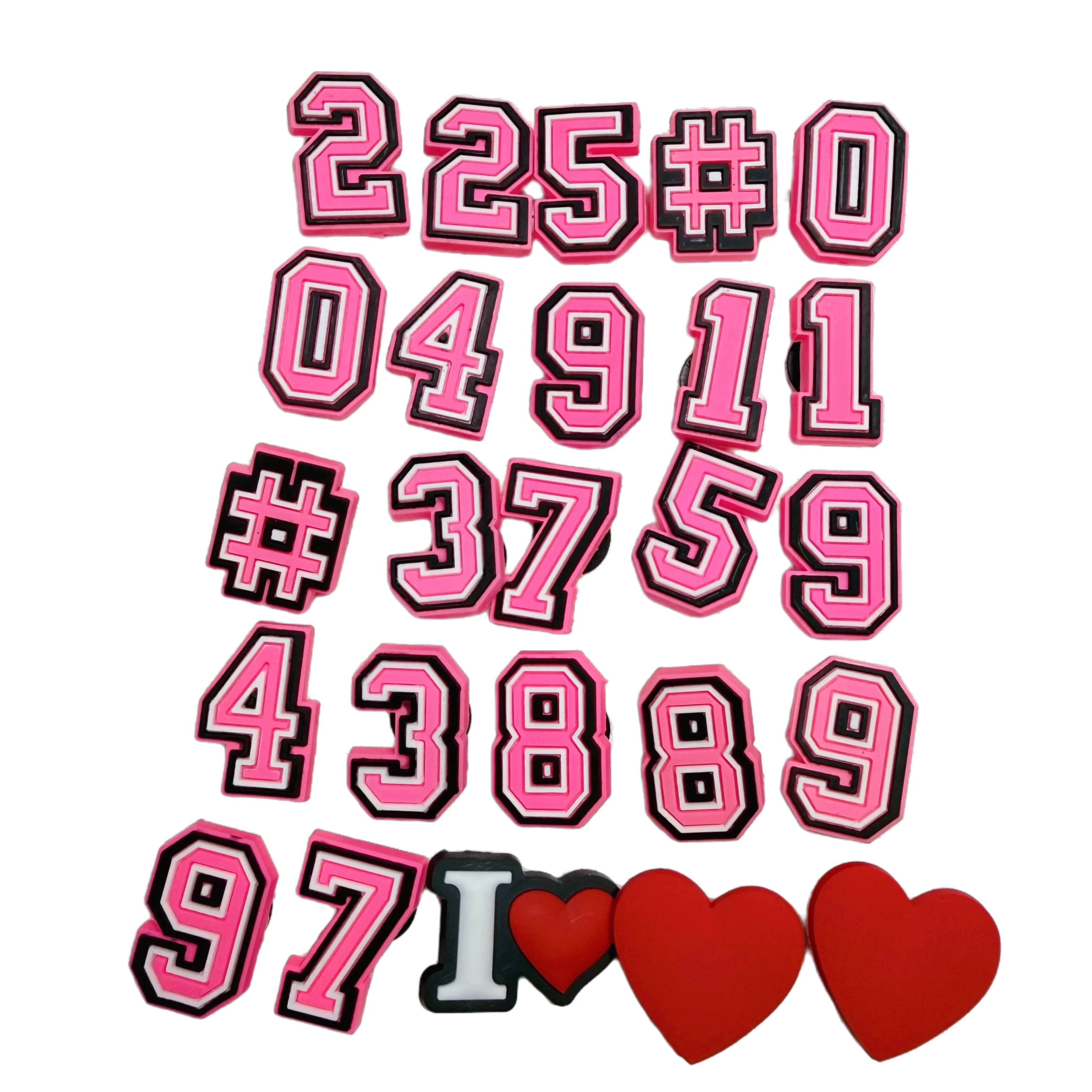 Wholesale 25-100Pcs Pink Numbers PVC Shoe Buckle Decorations Heart-shaped Sandal Charms For Party Presents