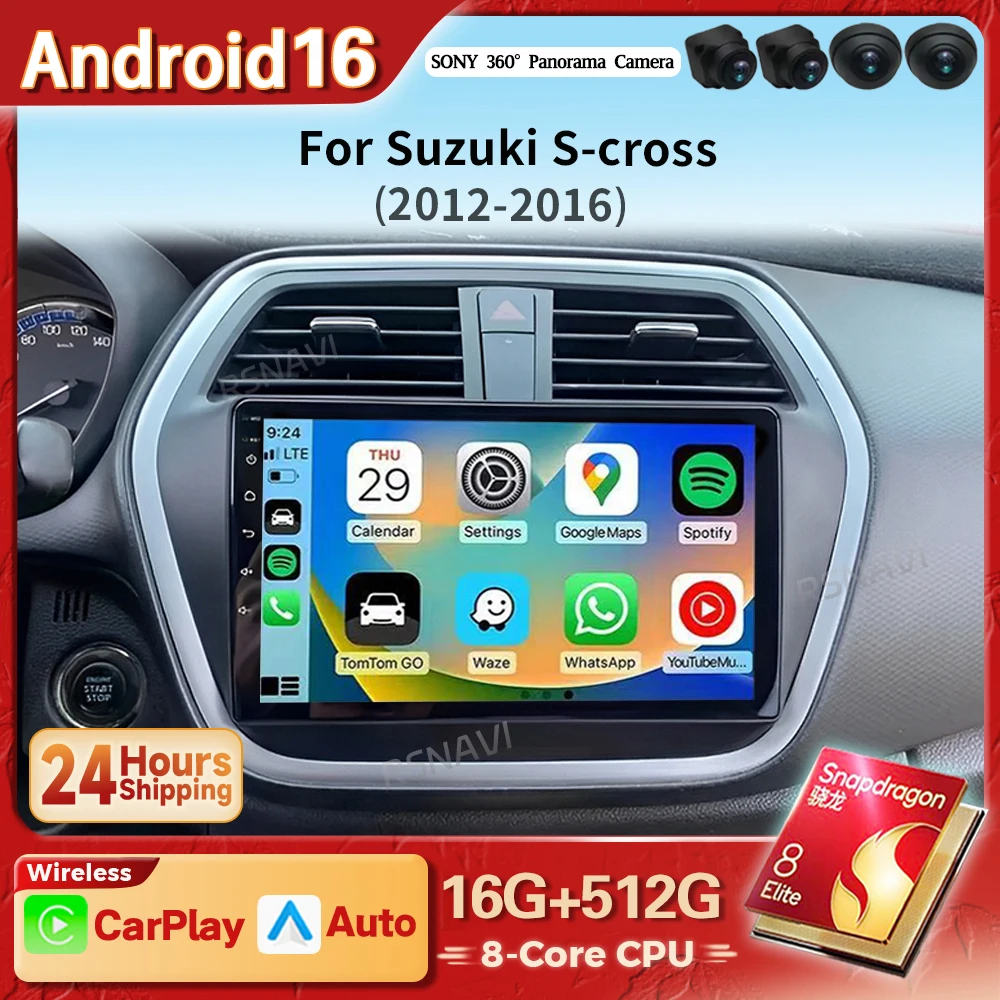 Android 16 Carplay Auto Snapdragon Car Radio Player For Suzuki S Cross SX4 2012 2013 - 2016 Android Auto DSP Stereo WIFI+4G BT