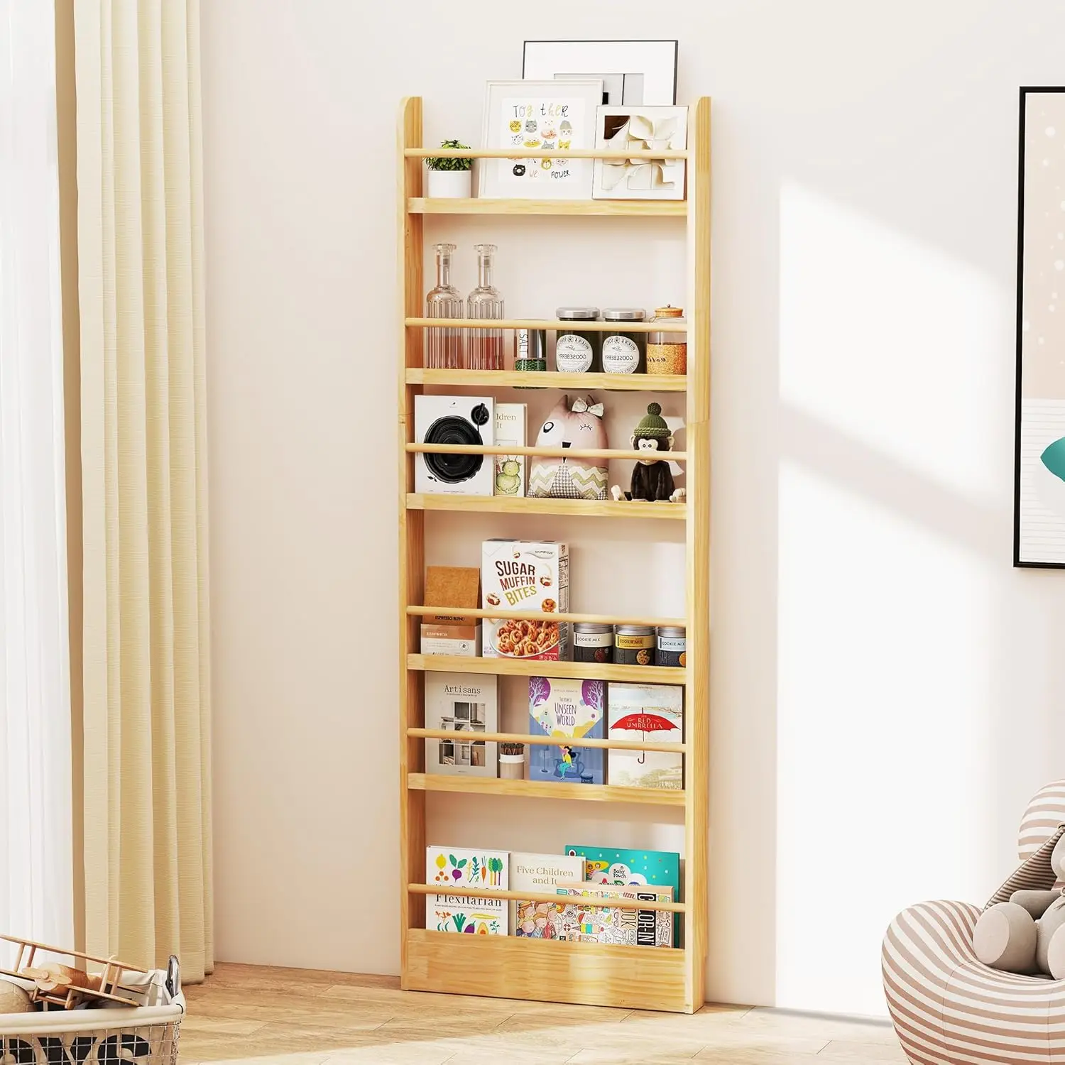 

6 Tier Behind The Door Bookshelf, Space Saving Behind The Door Bookcase Wooden Kids Wall Bookcase for Bedroom Living Roo