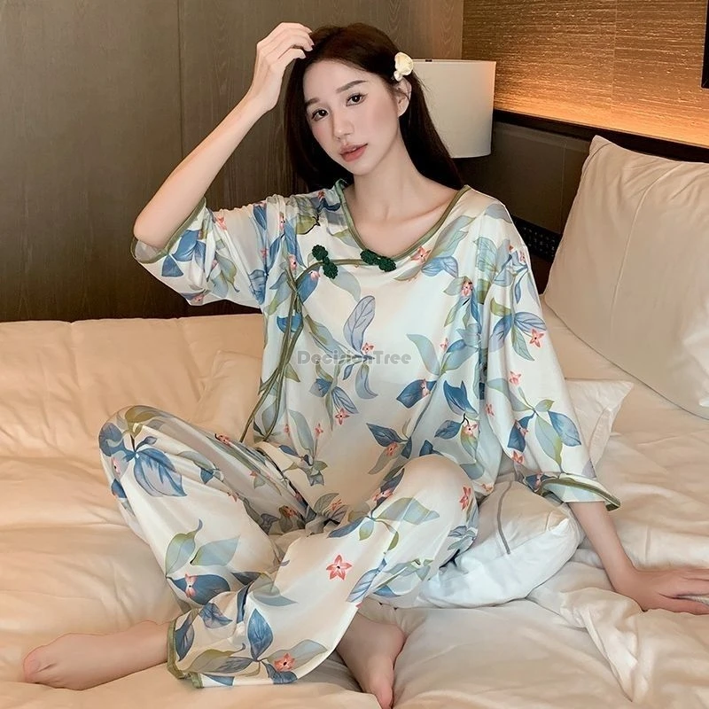 

2025 new chinese retro style half sleeve cheongsam button top long pants pajamas set women's loose casual hanfu home wear set