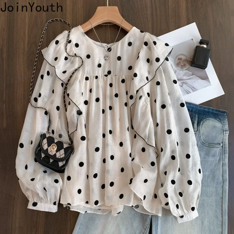 Polka Dot Blouses for Women O-neck Long Sleeve Loose Shirts 2024 Blusas Mujer De Moda Fashion Sweet Ruffles Summer Blouse Tops