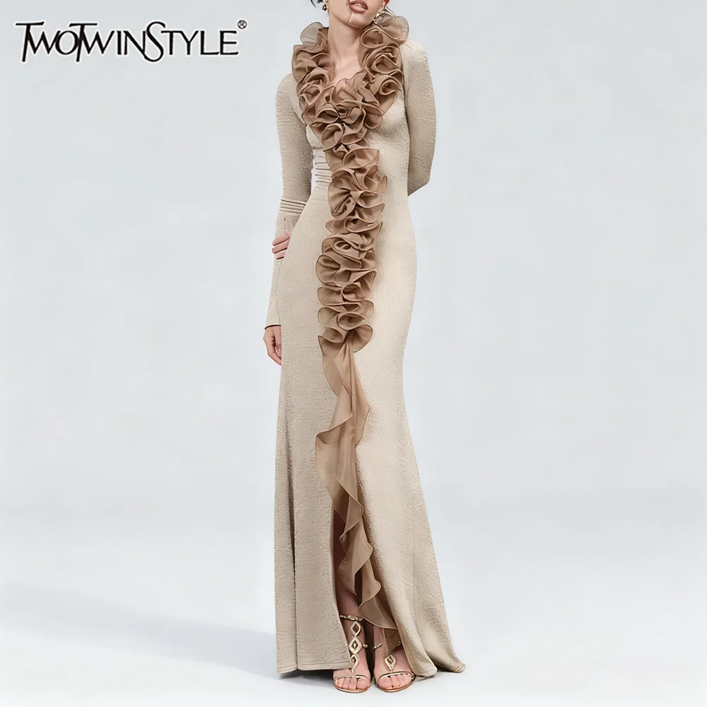 TWOTWINSTYLE ضرب اللون التخسيس تقسم الفطريات طيات فساتين الموضة للنساء الخامس الرقبة طويلة الأكمام فستان أنيق الملابس النسائية