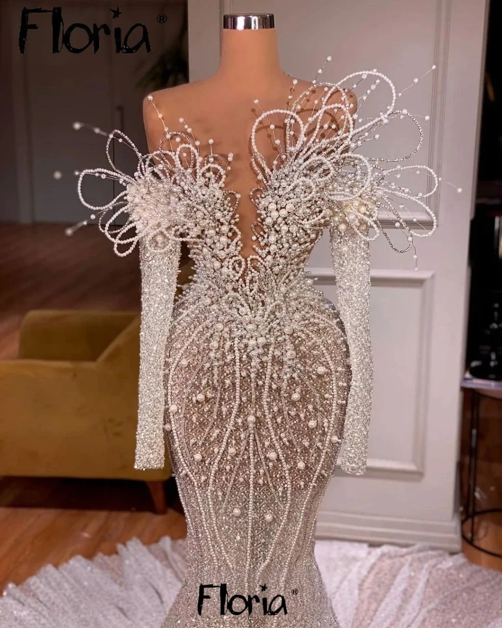 Robe de mariée moderne à fleurs 3D et perles pour femmes, longue robe de soirée formelle de luxe, à paillettes, robe de fiançailles, personnalisée