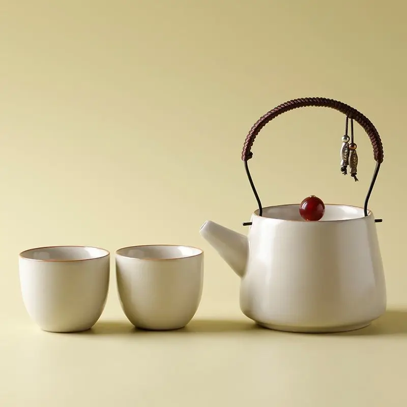 Beige Ru Kiln Gongfu Tea Set 1 Pot 2 Cups with Crackle Glaze Small Single Serving Set with Bell Cups for Home Office Hotel Party