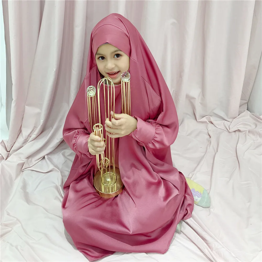 Eid Ramadan Muslim Kids Girls Prayer Garment Abaya Khimar Hijab Long Dress Set Overhead Burqa Kaftan Islamic Arab Clothing Robe