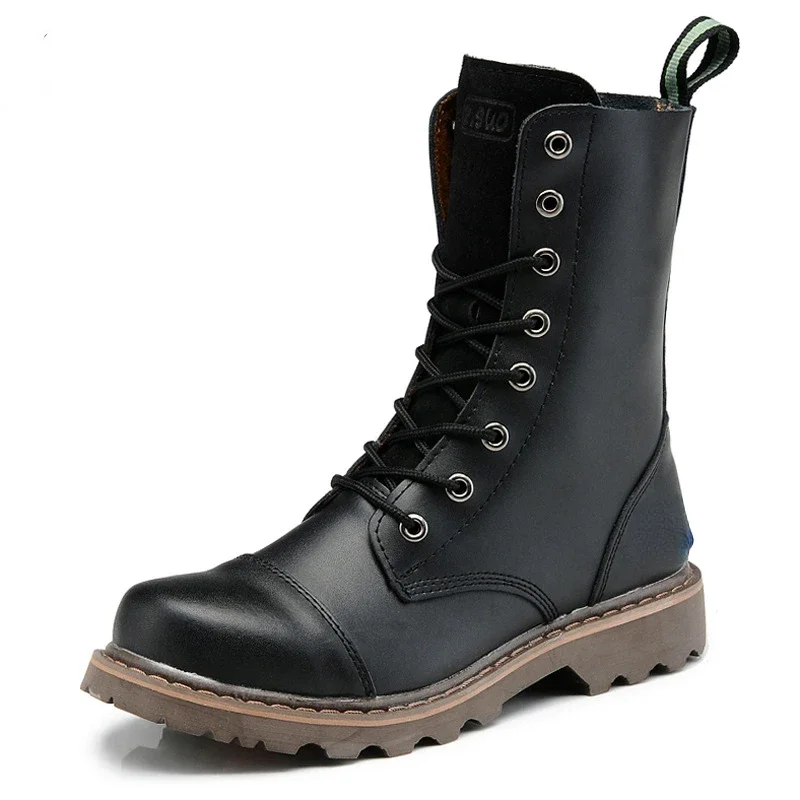 Men Military Boots Genuine Leather Metal Gothic Punk Boots Motorcycle Knight Boots Black Desert Combat Top Ankle Boots Male