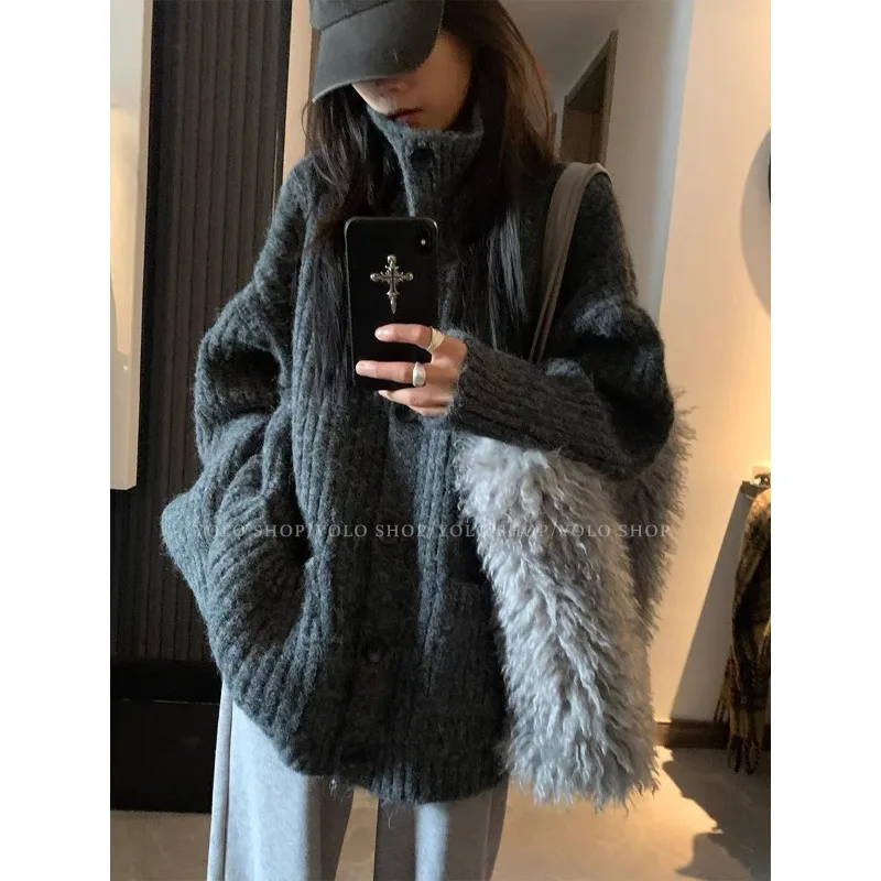 

YYAHAHAS Korean Fashion Lazy High Neck Button Design Sweater Jacket Women's Autumn and Winter Thick Cardigan Top