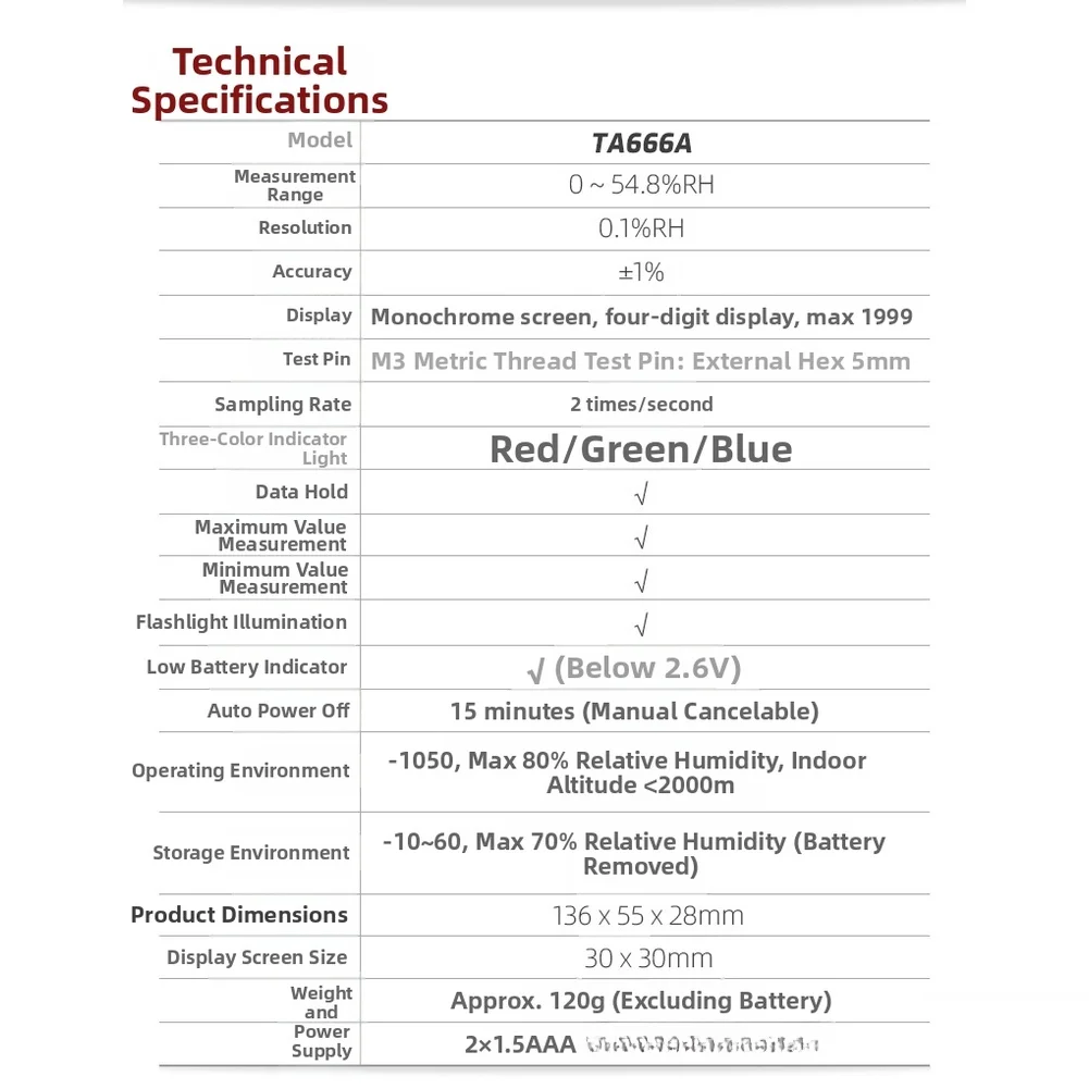 TA666A Digital Wood Hygrometer with Four Digit Display and Real Time Humidity Monitoring for Construction Professionals